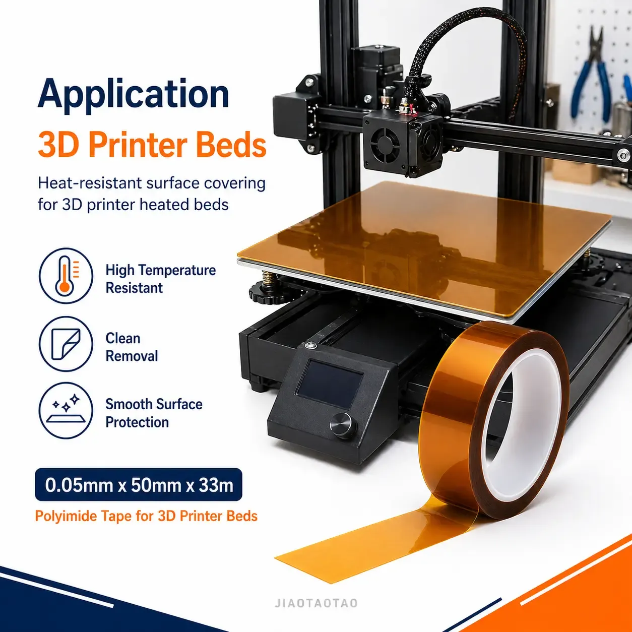 Polyimide tape 0.05mm x 50mm for 3D printer bed surfaces and heat-resistant masking.